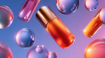 Vibrant orange capsule surrounded by floating transparent spheres and colorful tubes against a blue purple gradient background creating a dynamic and modern aesthetic