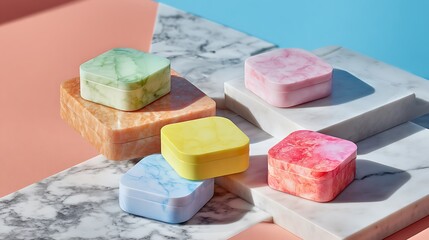 Colorful bath bombs arranged on marble steps against pastel background with soft natural lighting and vibrant hues