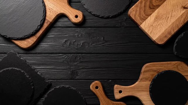 Top View Flat Lay of Wooden Cutting Boards and Slate Platters