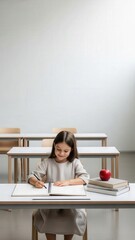 Minimalist Modern Student Drawing in High-Key Serene Classroom with Expansive Off-White Copy Space