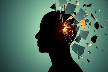 Mental health concept with shattered head silhouette, psychological trauma brain disease, stress and depression disorder, migraine headache pain, and cognitive glass fragment background.
