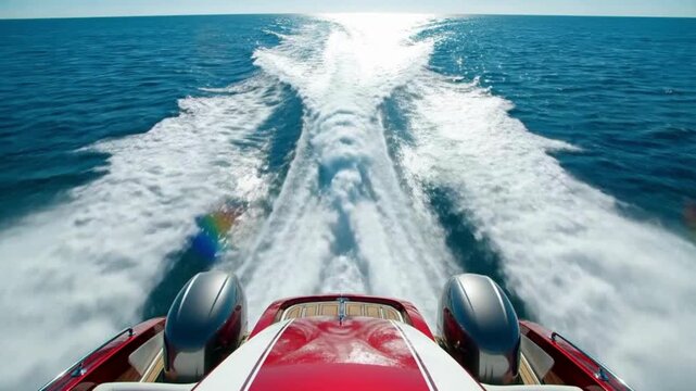 View from stern of fast speedboat speeding across sunny ocean creating long white water wake footage