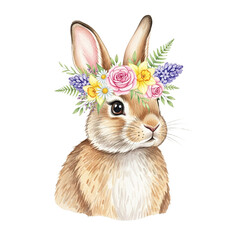 Fototapeta premium A cute rabbit wearing a colorful floral crown on its head