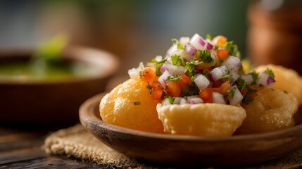 Closeup of Delicious Pani Puri with Colorful Toppings in Wooden Bowl