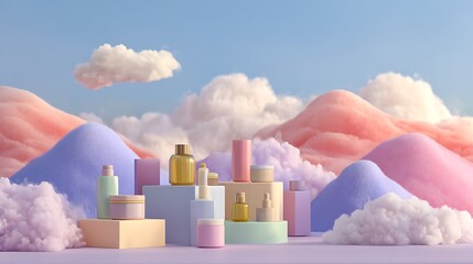 Pastel cosmetic products on colorful blocks in whimsical mountain landscape with fluffy clouds