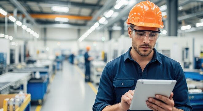 A man in an orange hard hat and safety glasses using a tablet in a factory setting.
