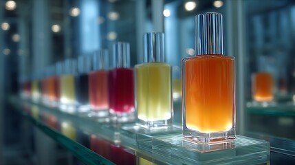 Colorful perfume bottles on a glass shelf in a modern display with soft lighting and reflections