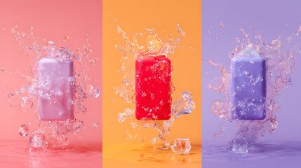 Colorful popsicles splashing water on pastel backgrounds vibrant summer treats in pink orange and purple hues refreshing and fun
