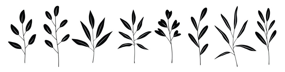 Botanical set of black silhouette twigs with leaves © uojf