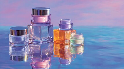 Luxurious cosmetic products arranged on reflective surface with soft pastel background and calming atmosphere