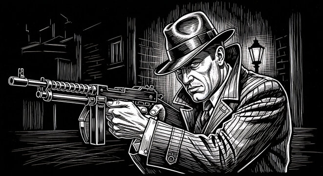 Vintage noir gangster in pinstripe suit wearing classic fedora hat aiming powerful machine gun weapon during intense cinematic crime scene underworld mobster shadow atmosphere dramatic action.