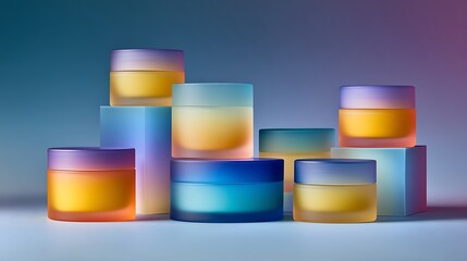 Vibrant colorful translucent containers stacked creatively on a gradient background for modern design inspiration