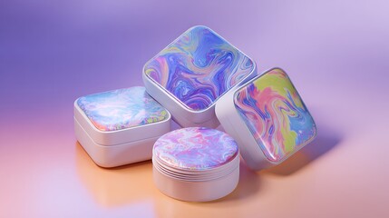 Modern amusing design of cosmetic containers with iridescent holographic lids and soft lighting on a purple background