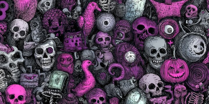 Whimsical collection of spooky and creepy Halloween characters and objects.