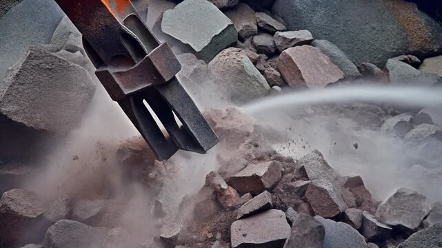 Demolition site with excavator breaking concrete rubble.