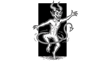 Artistic vintage engraving of a dancing devil character featuring sharp horns and pointed tail, showcasing a mischievous grin and playful posture in a classic sketch style for gothic illustration.