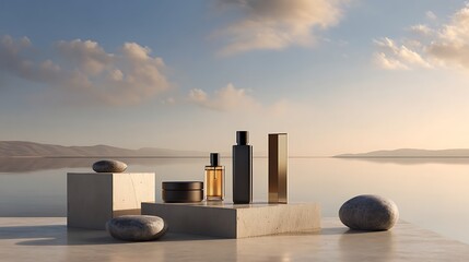 Modern cosmetic bottles and containers on minimalist pedestals with serene lake background at sunset