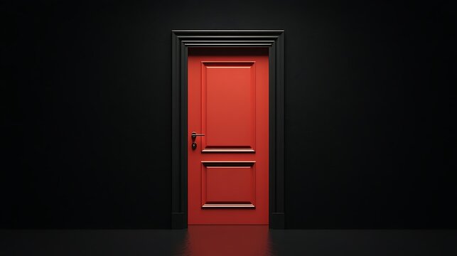 Bold Red Doorway Contrasting with Dark Gray Wall, Door Frame, and Reflected Floor