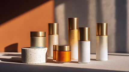 Luxurious skincare products with gold caps on a white surface with warm sunlight casting shadows