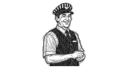 Cheerful railway conductor and worker wearing engineer uniform shown in a detailed woodcut engraving style vintage illustration from the waist up.
