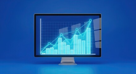 A computer monitor displays a glowing blue graph on a solid blue background, showcasing business data and analytics