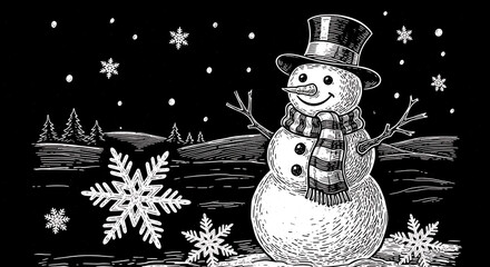 A cheerful, smiling snowman figure wearing a formal black top hat and a red knit scarf standing amidst falling white snowflakes, symbolizing a cold winter season and a festive Christmas holiday.