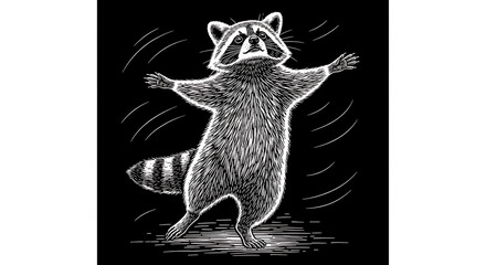 Cheerful Raccoon Dancing with Joyous Charm and Playfulness Vintage Hand Drawn Sketch Style Engraving Generative AI Vector Illustration Art Portrait of an Adorable Procyon Lotor Mammal