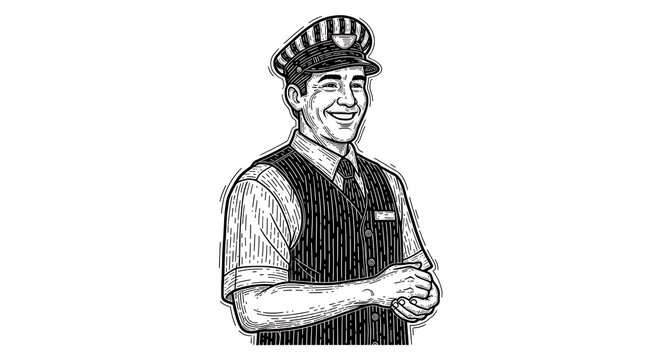 Cheerful railway conductor and worker wearing engineer uniform shown in a detailed woodcut engraving style vintage illustration from the waist up.