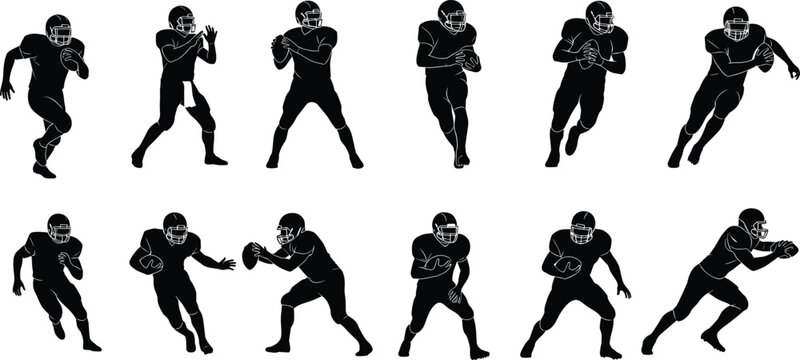American football player silhouette set with quarterback throwing running and catching actions isolated on white background for sports graphic design