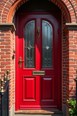 Fototapeta premium Red Front Door and Brick Exterior