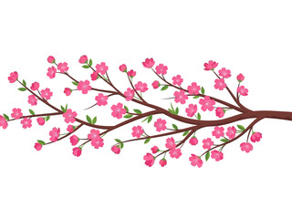 Fototapeta premium Stylized illustration of a horizontal brown branch covered in bright pink cherry blossoms