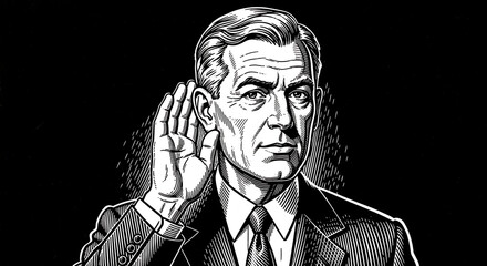 Professional businessman in formal suit holding palm to ear demonstrating active listening attention focus and corporate communication awareness during executive meeting conversation