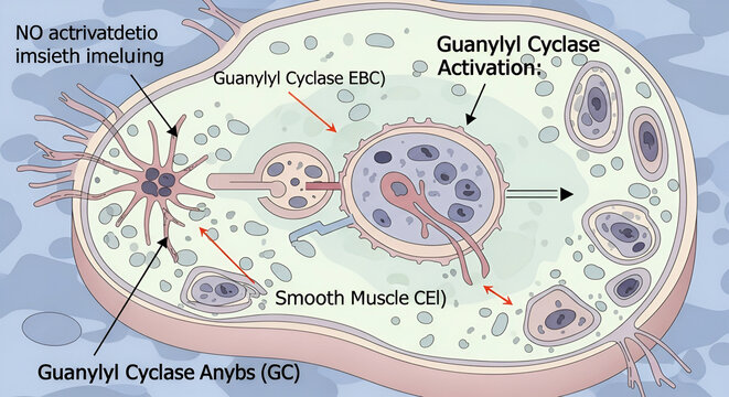 Venogenic ED Anatomy Biological diagram showing guanylyl cyclase activation in smooth muscle cells