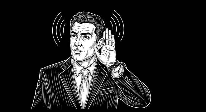 Professional businessman in formal suit holding his hand near his ear showing active listening gesture representing attention focus communication awareness and understanding concept.