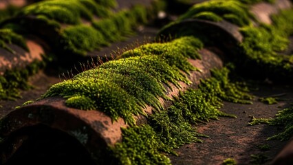 Green Moss Blankets Old Terracotta Roof Tiles With Gentle Sunlight