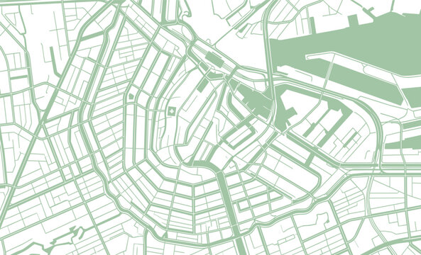 Amsterdam Netherlands map illustration showing roads, rivers, streets in a minimal, light green and white design.