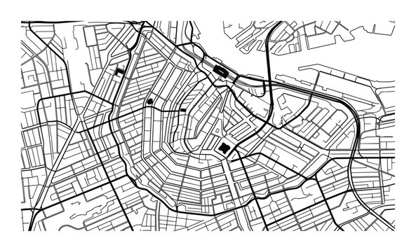 Amsterdam City Map Vector Illustration, Urban Street Network, Road and Canal Layout, Netherlands Capital