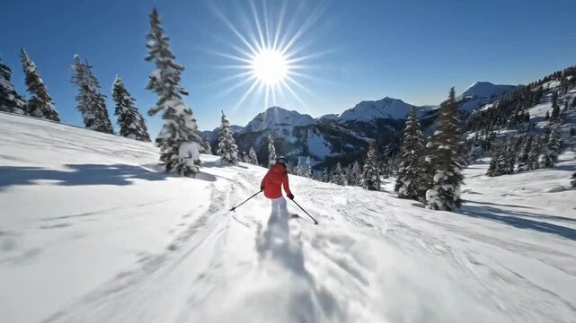 Cinematic follow shot of skilled person skiing through deep fresh powder snow on sunny winter day in beautiful alpine mountain terrain