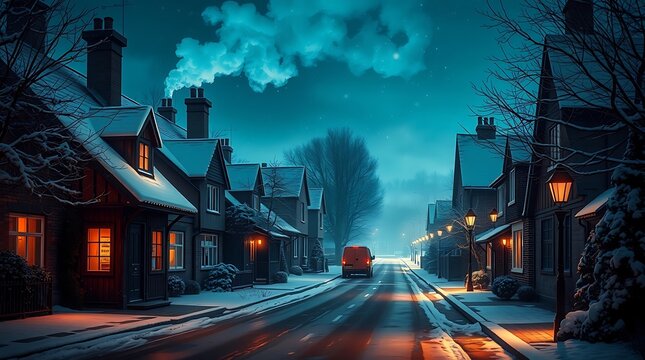 Snowy Village Street with Warmly Lit Houses and Red Car at Night
