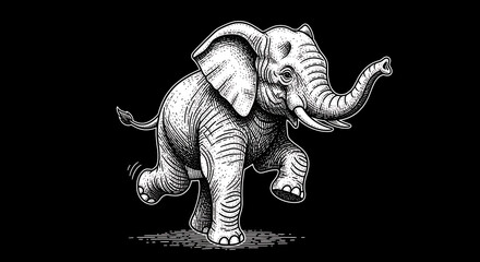 Whimsical dancing elephant sketch in intricate engraving style, detailed fictional character vector illustration with scratchboard texture and artistic monochrome aesthetic for design.