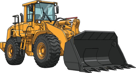 Industrial Wheel Loader Vector Illustration Isolated on White Background Heavy Construction Machinery Front Loader for Building Site Infrastructure Projects Design © Saila