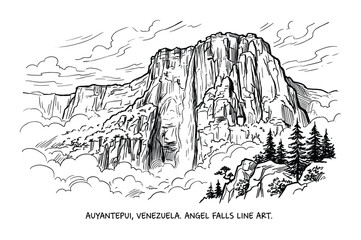Naklejka premium Auyantepuy Venezuela Angel Falls Line Art, mountain range, landscape, cliffs, trees, clouds, nature scene