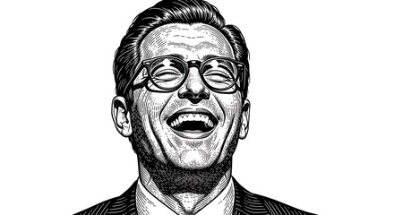 Artistic charcoal sketch of a professional businessman wearing glasses laughing with pure joy and genuine nostalgia capturing a timeless moment of profound happiness and success in life.