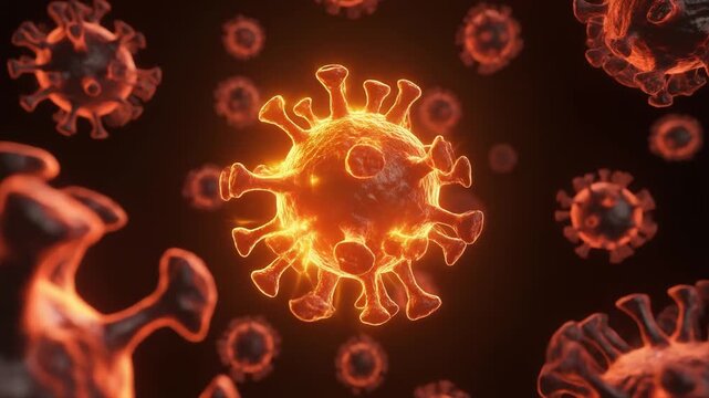 Microscopic virus attacking human cells dramatic realistic infection process medical science animation cellular detailed visualization