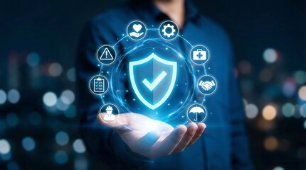 A businessman presents a glowing shield with checkmark and various safety icons, symbolizing cybersecurity and data protection in a futuristic. Ideal for business safety, technology concepts.