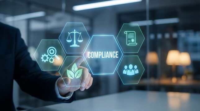 A businessman interacts with a futuristic compliance interface in a modern office setting, highlighting regulatory adherence and risk management in a digital age.