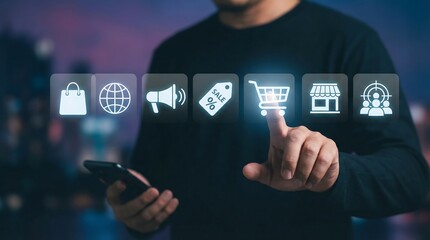 Ecommerce concept with man using smartphone and interacting with digital icons for shopping and marketing