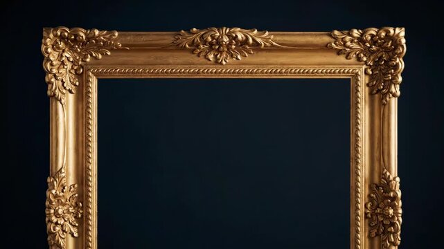 Ornate Golden Picture Frame on Black Background.