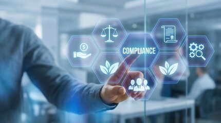 Businessman engaging with digital compliance interface in modern office setting, symbolizing corporate responsibility and regulatory adherence