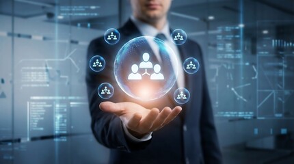 A businessman presents a glowing network connection interface in a modern office. This image conveys innovation, leadership, and teamwork, perfect for business and technology concepts.